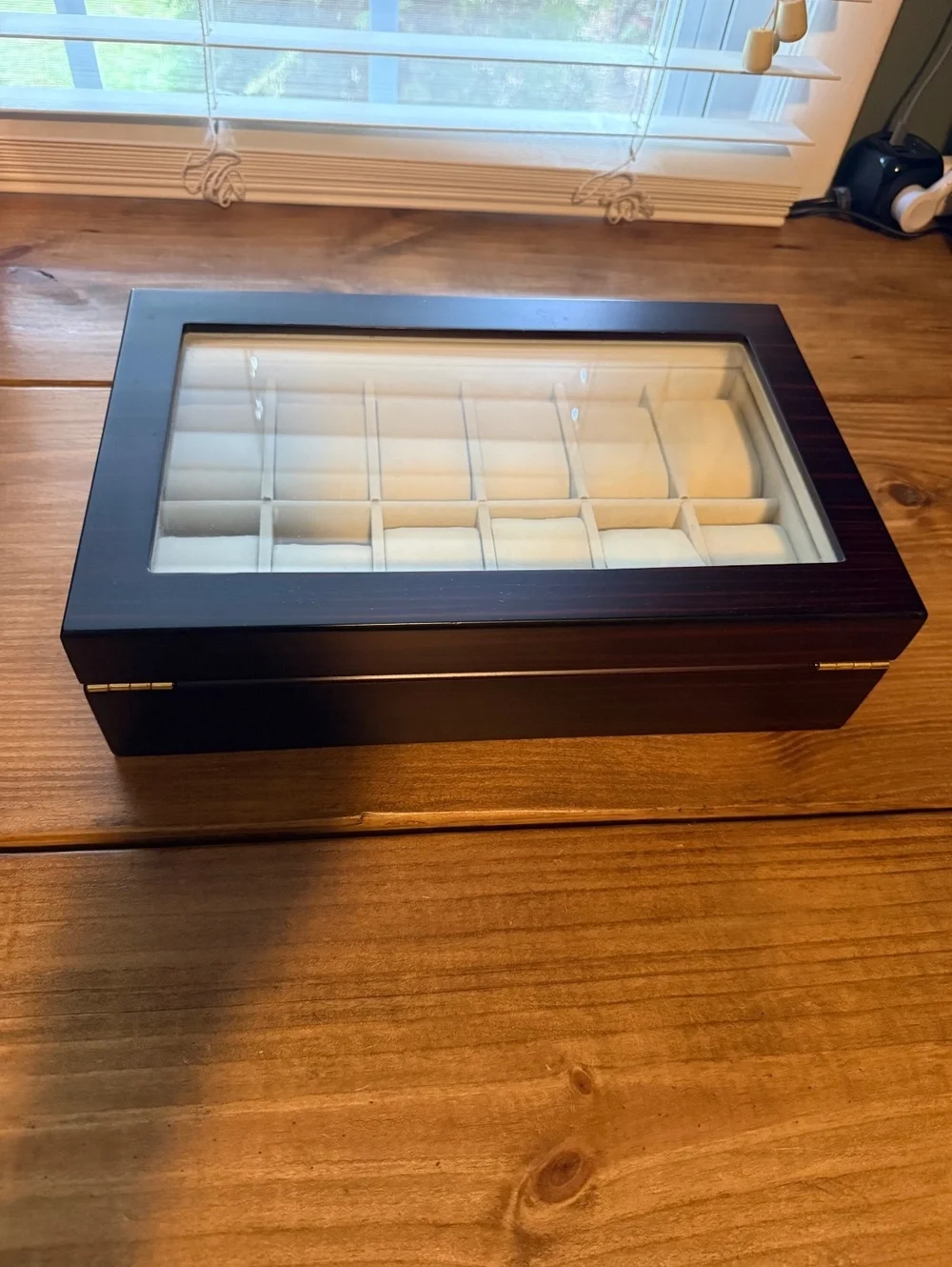 Wooden Watch Storage Box with Glass Lid and Multiple Compartments